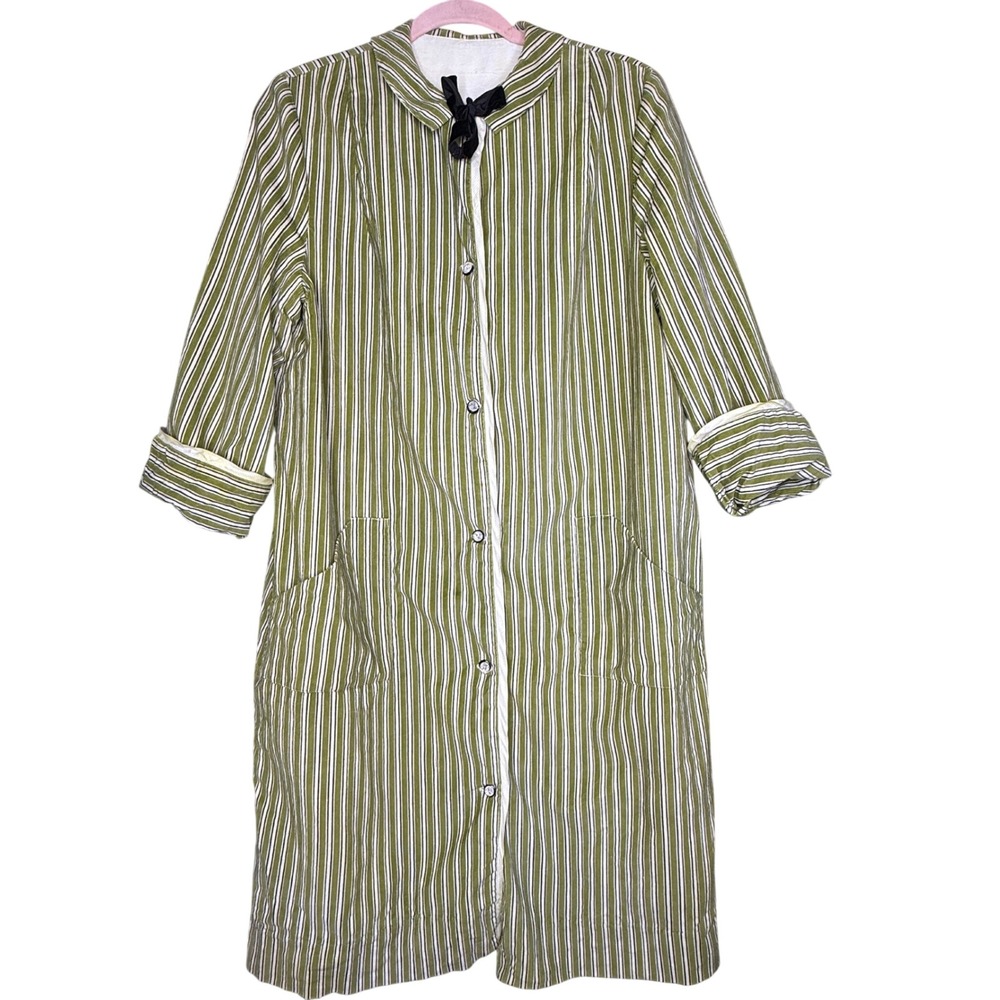 Stella Fagin 50s Green White Striped Corduroy Duster Coat Peter Pan Collar Bow L